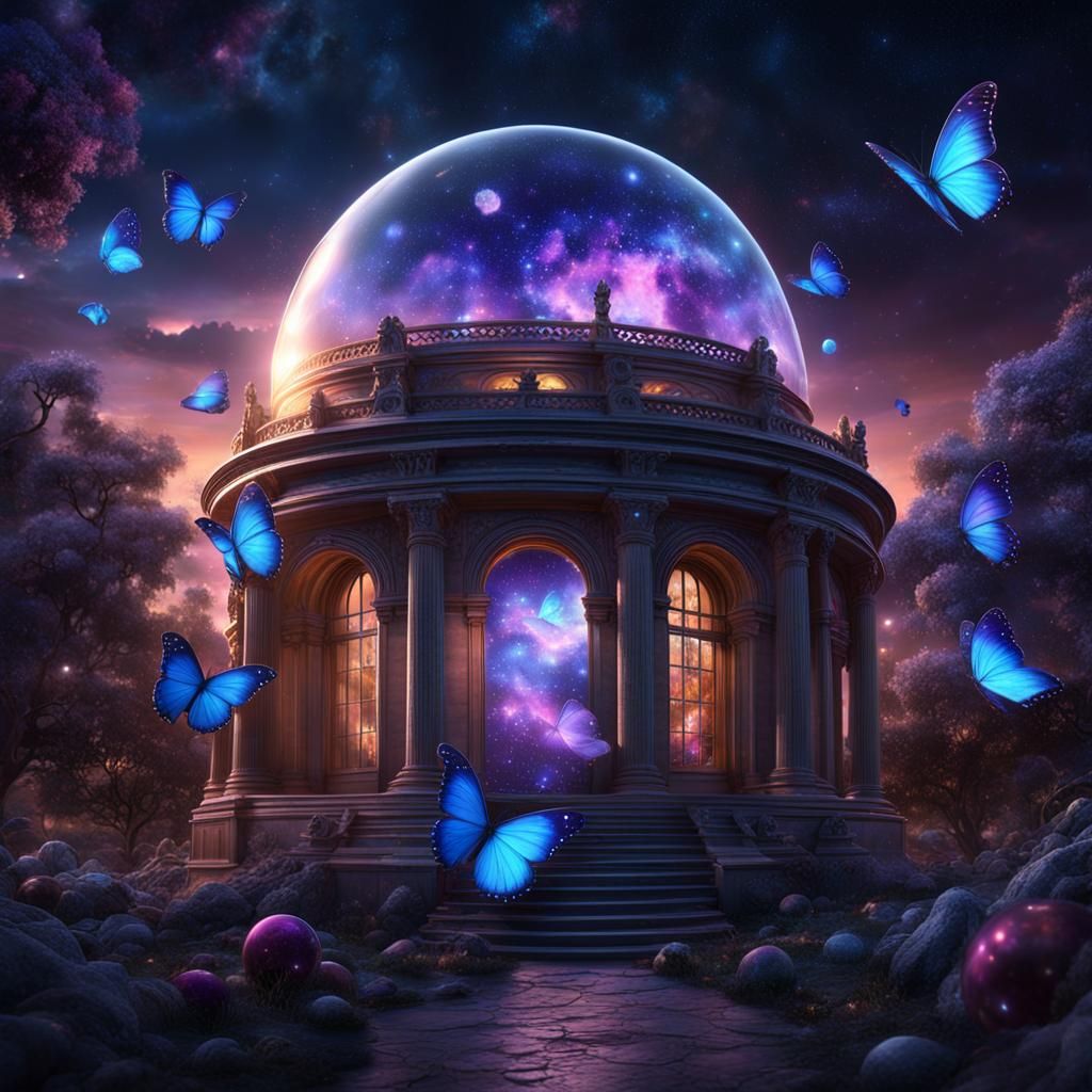 Night Sky Glass Dome with Butterflies: Digital Matte Paintin...