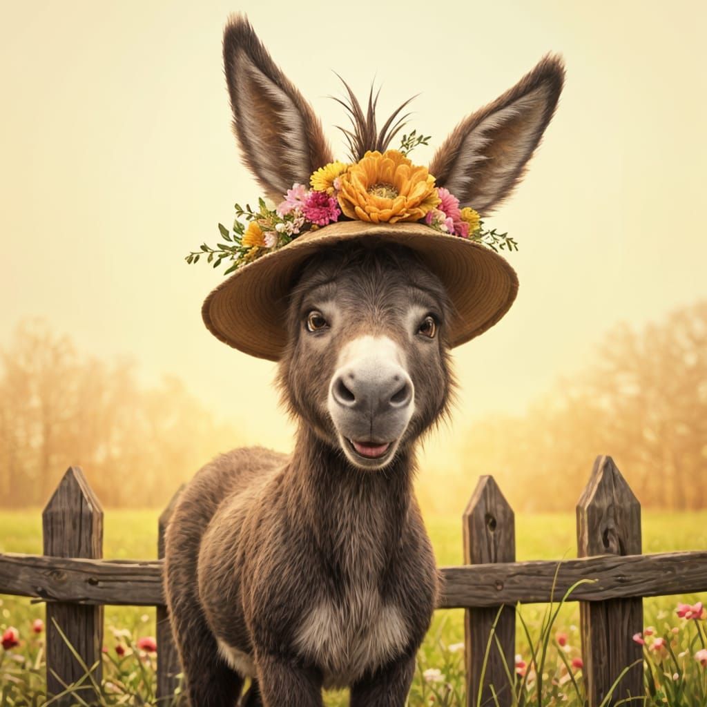 Whimsical Donkey in Easter Hat