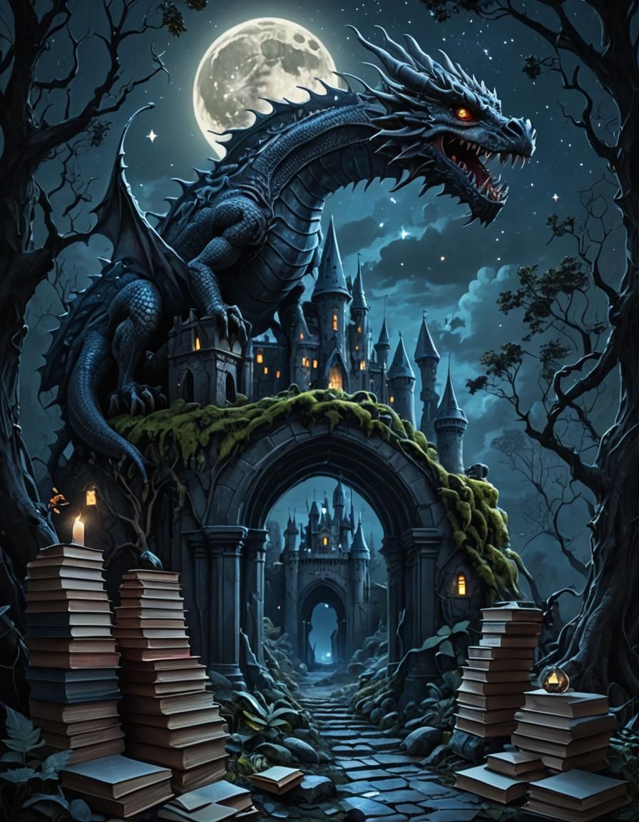 Dragon in Castle Ruins Under Mystical Sky