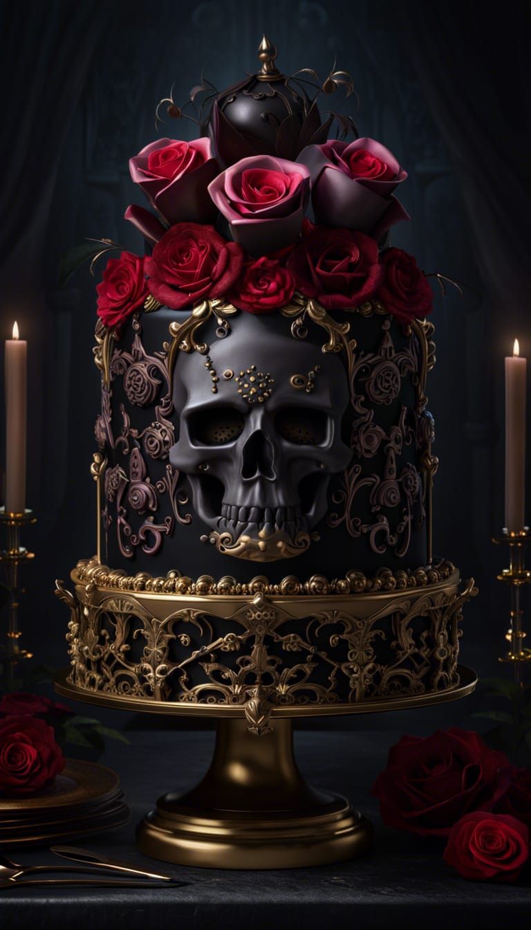 Gothic Cake with Skulls and Roses in Dark Fantasy Style