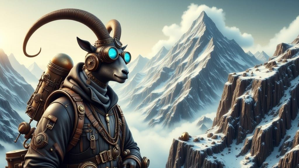 Steampunk Goat Climber on Winter Mountain Cliff