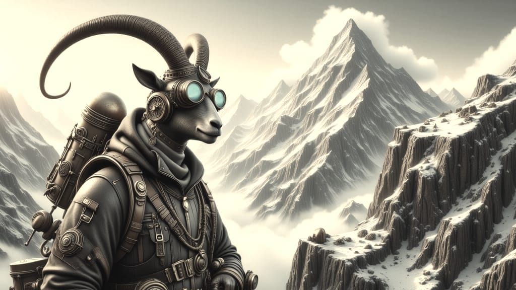 Steampunk Goat Mountaineer on Snowy Cliff