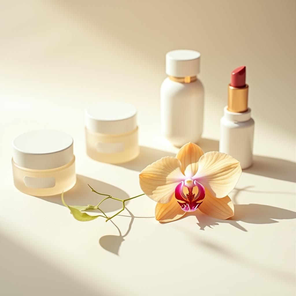 Orchid with Cosmetic Products in Cinematic Lighting