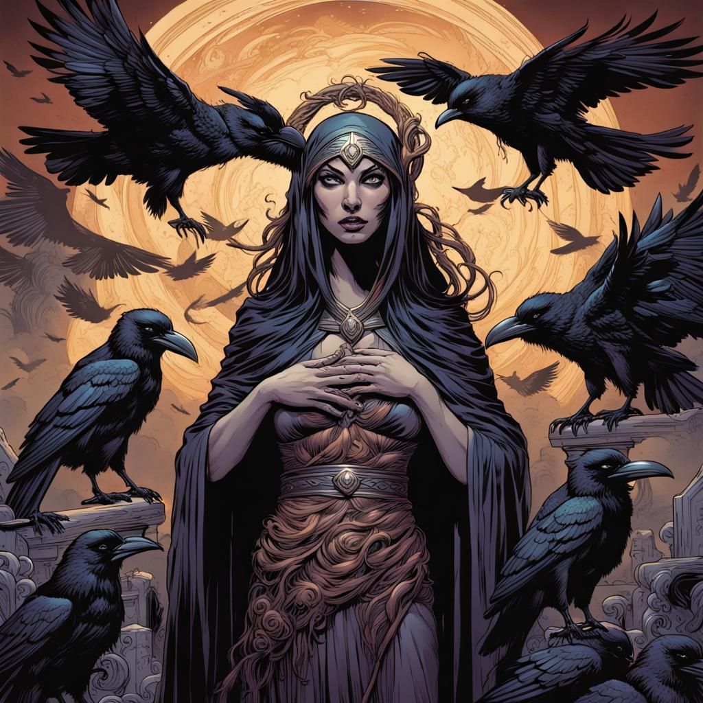 Death Goddess with Ravens in Comic Book Style