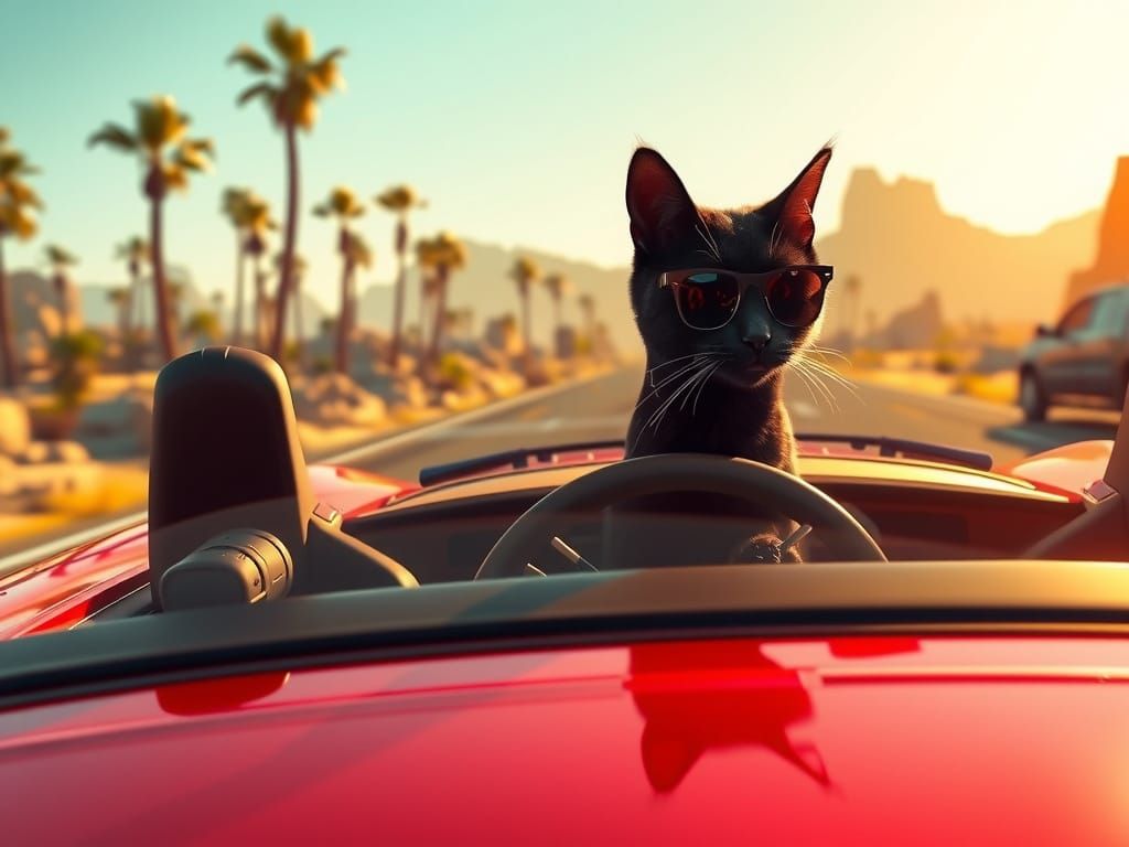 Glamorous Cat Cruises Summer Highway in Cherry-Red Sports Ca...