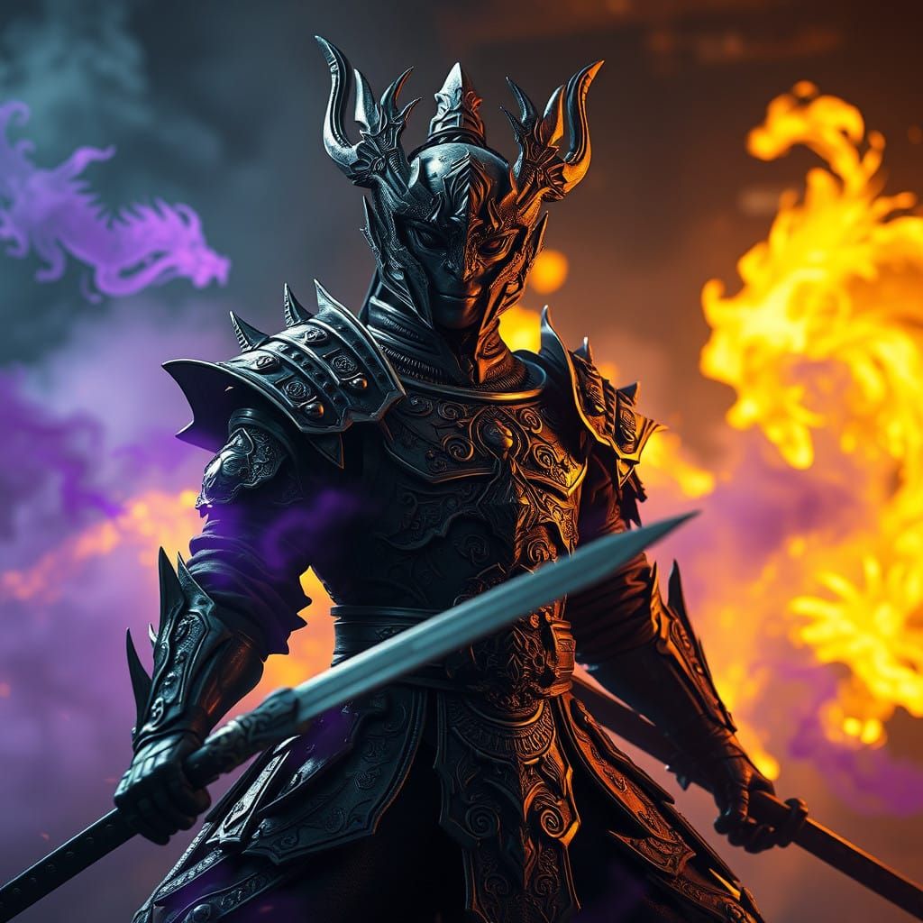 Dark Fantasy Dragon Warrior in Ornate Armor