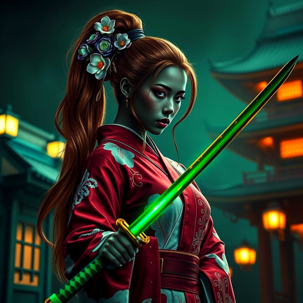 Mysterious Geisha Warrior in a Haunting Pagoda Landscape