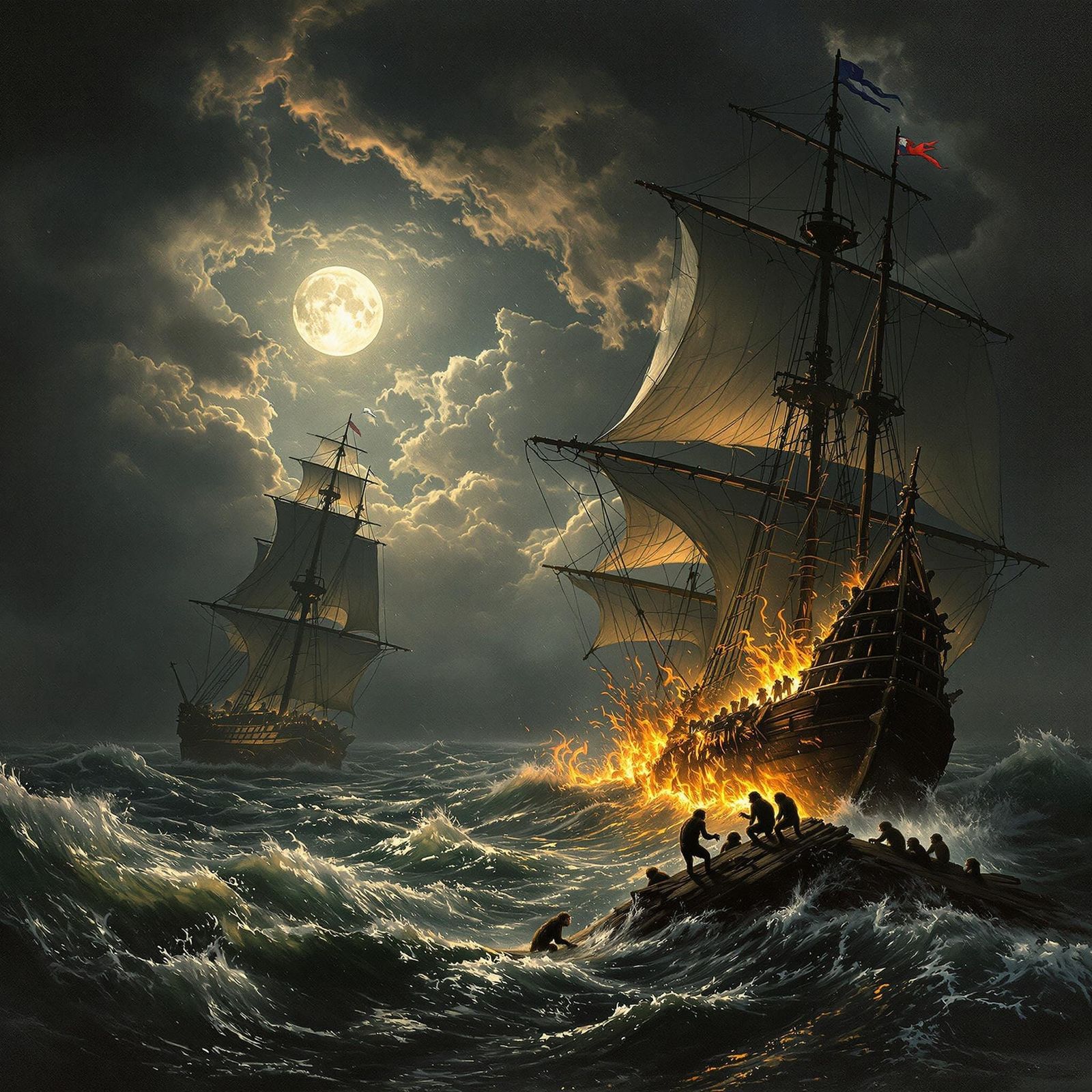 Majestic Wooden Sailing Vessels in Turbulent Stormy Night Sc...