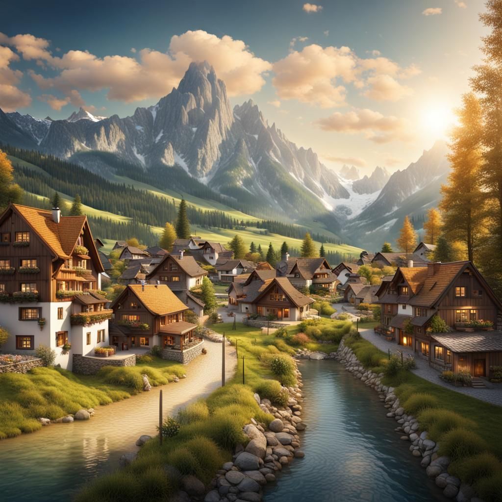 Idyllic Alpine Townscape in Summer Landscape
