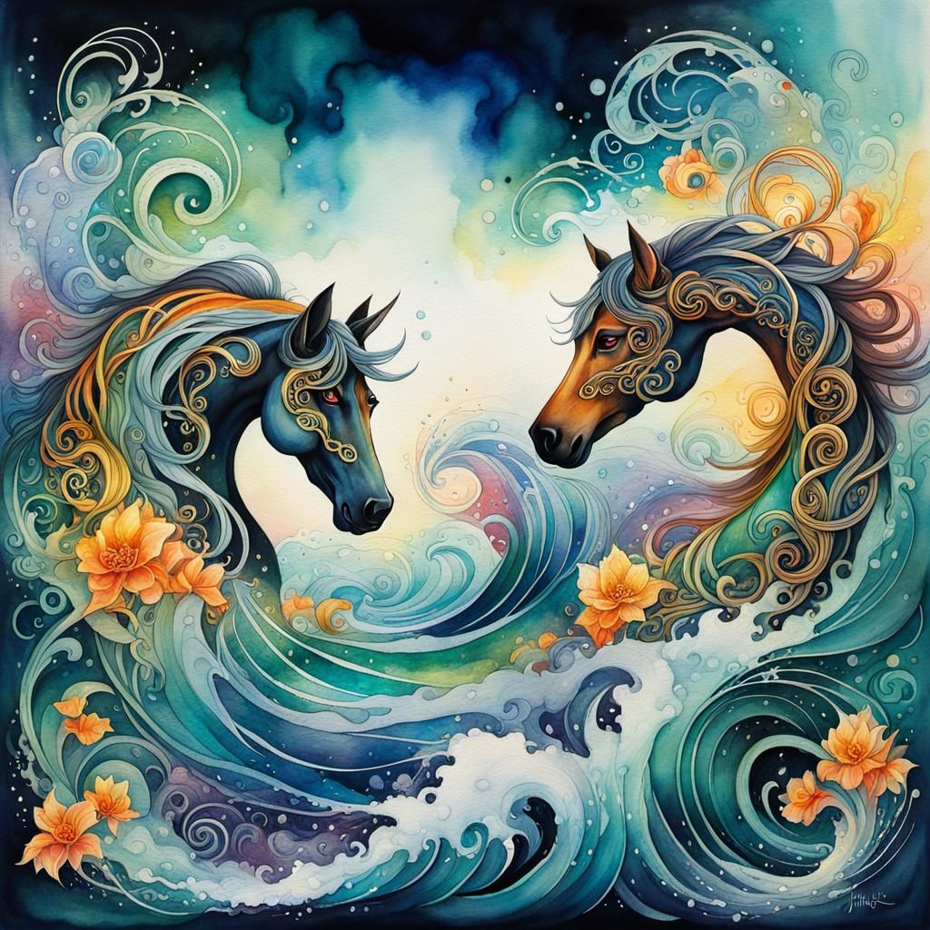 Mystical Kelpies Surging in Watercolor and Ink