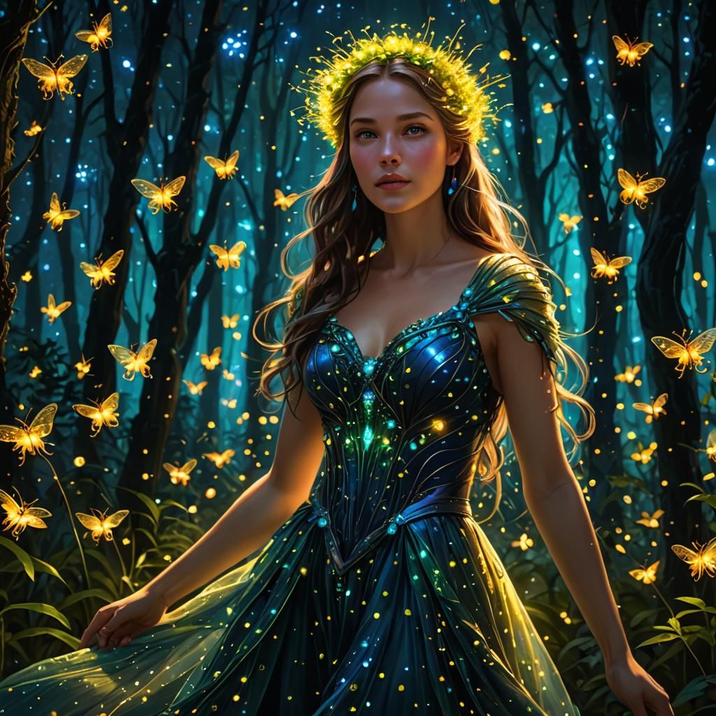 Bioluminescent Goddess Dancing in Firefly Forest