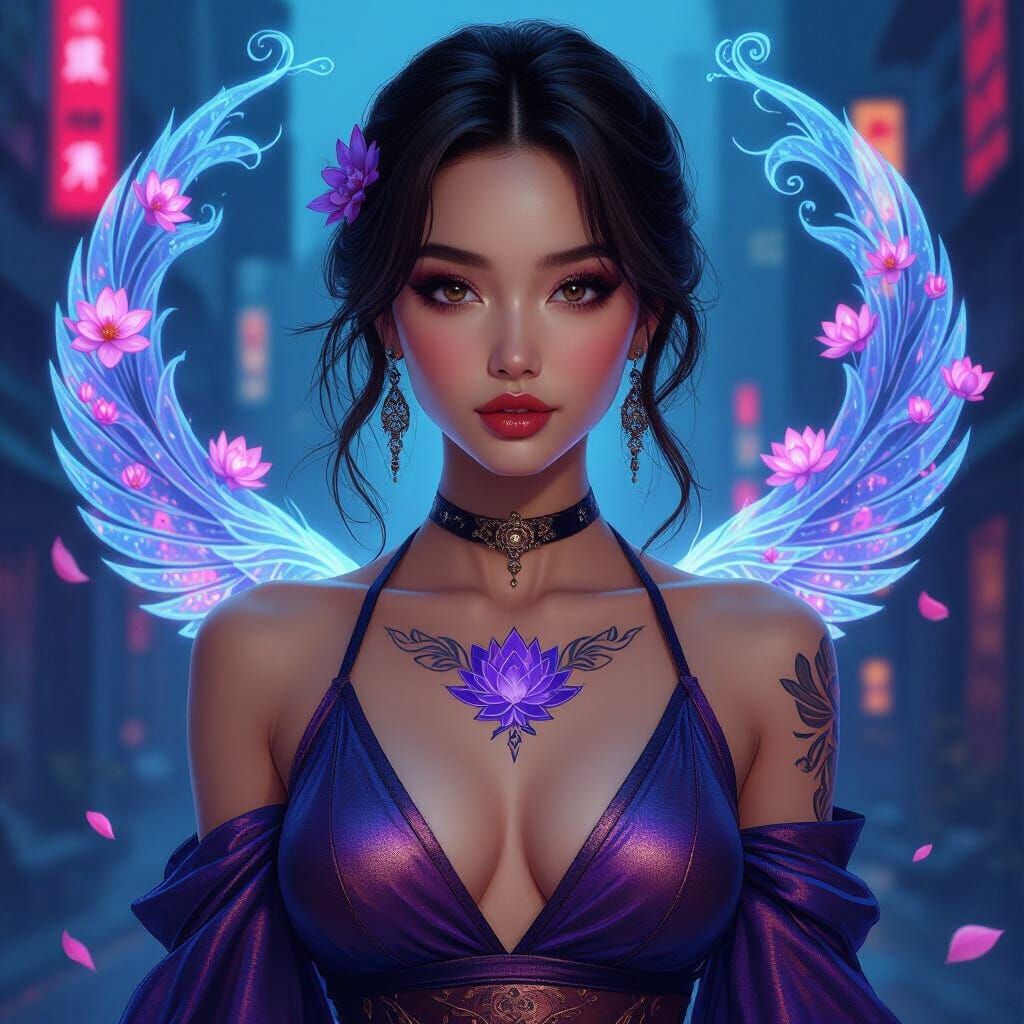Cyberpunk Goddess with Lotus Tattoo in Cityscape