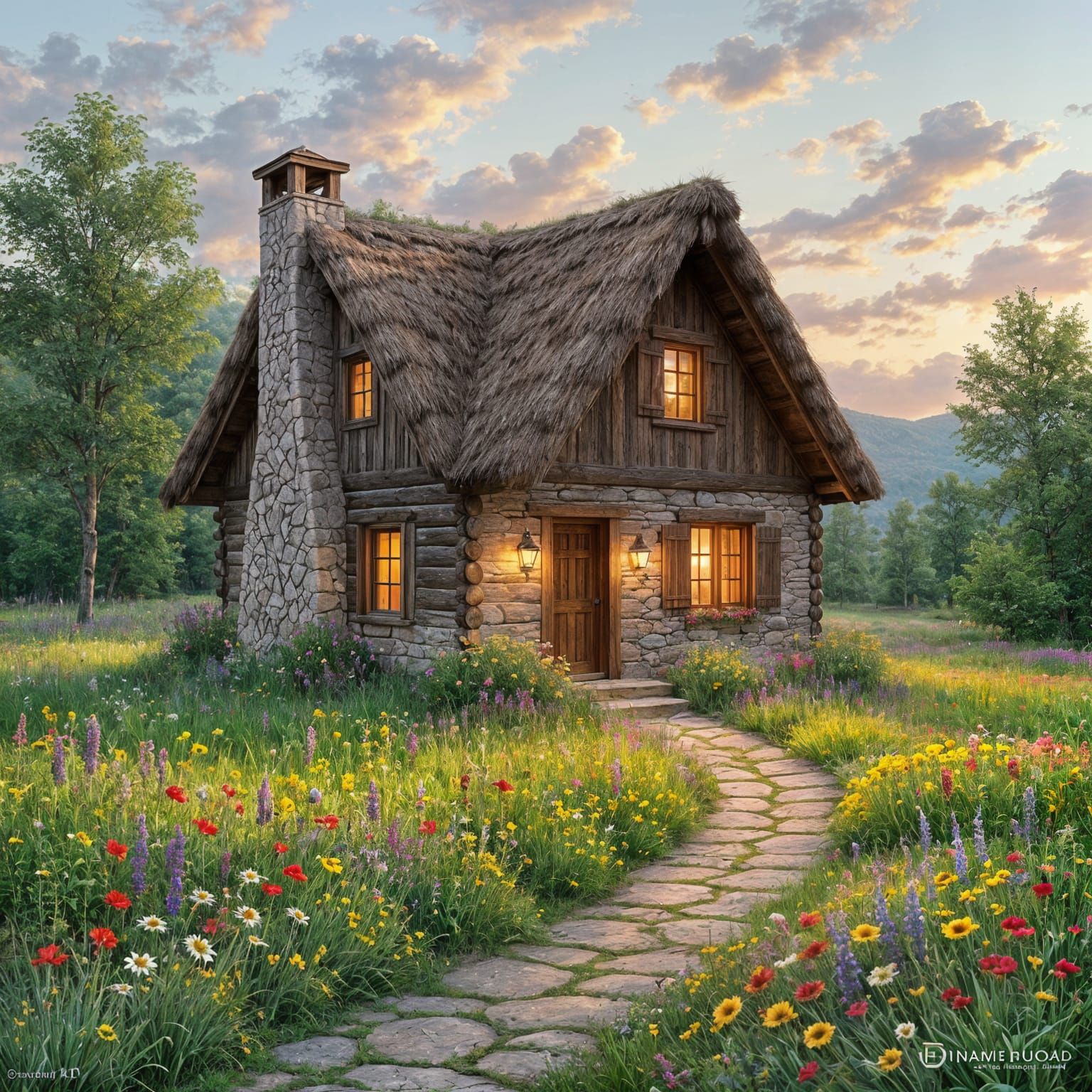 Cozy Cabin in Flower Meadow, Impressionistic Landscape