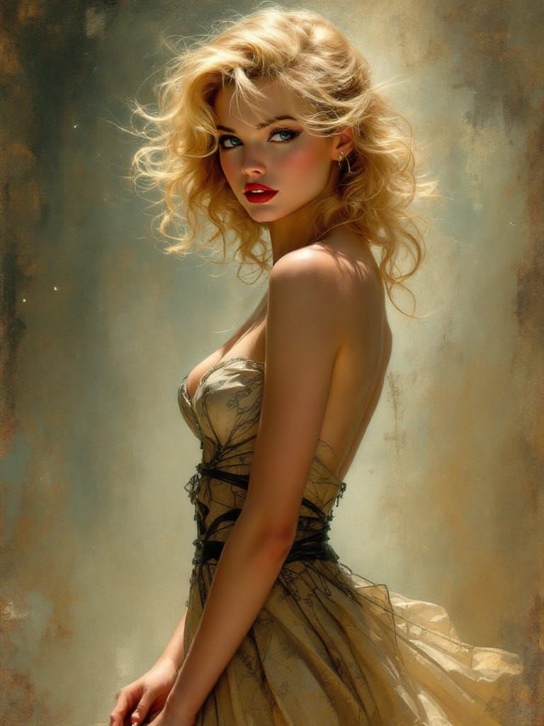 1950s Pin-Up Woman in Atmospheric Oil Painting Style