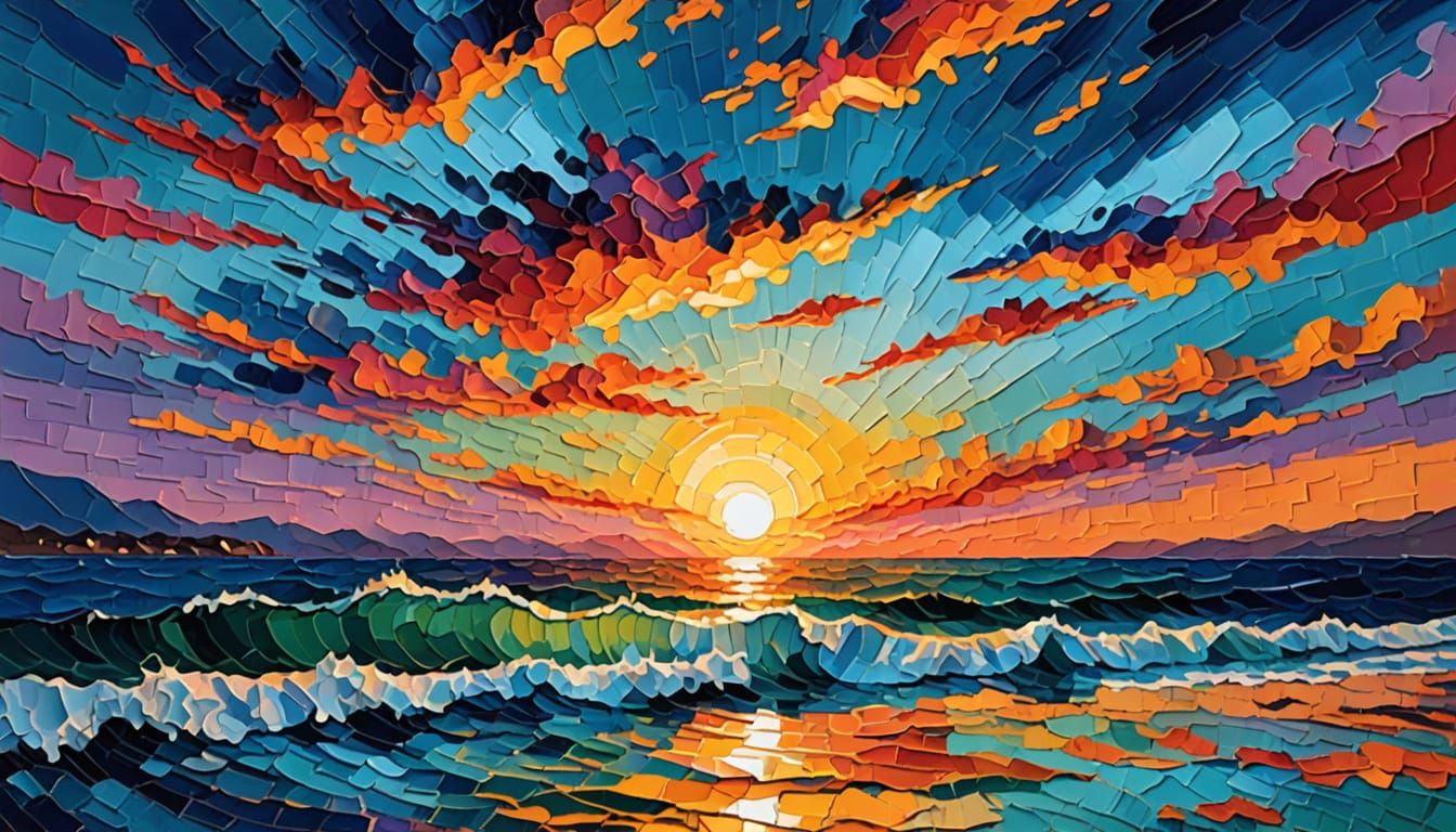 Colorful Winter Sunset Sea in Impasto Style