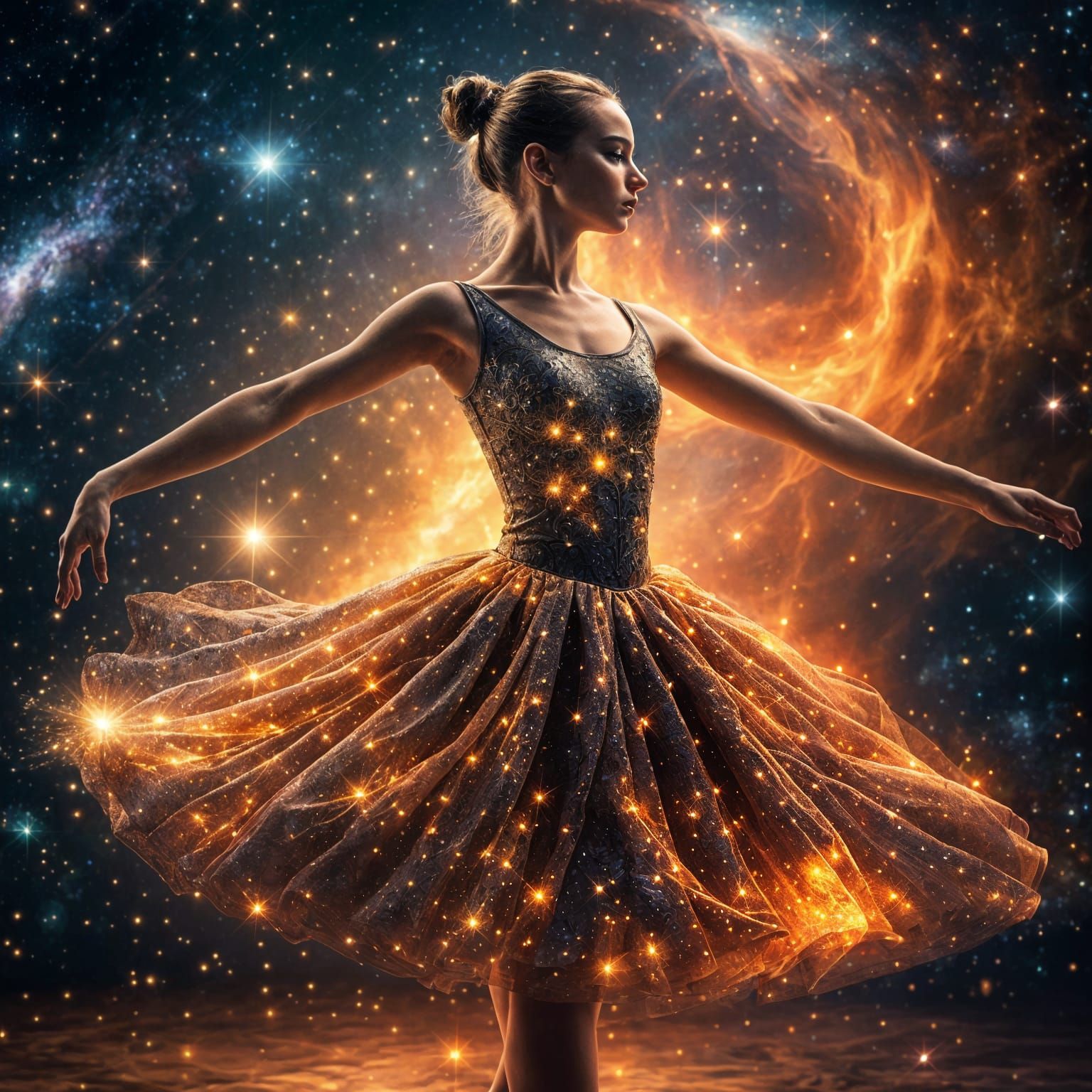 Ballerina's Fiery Dance in Space, Hyperrealistic Image