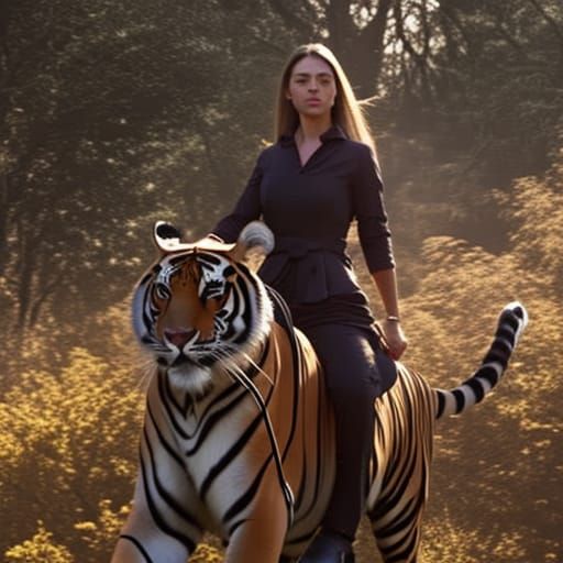 Woman Rides a Tiger in Hyperrealistic Style