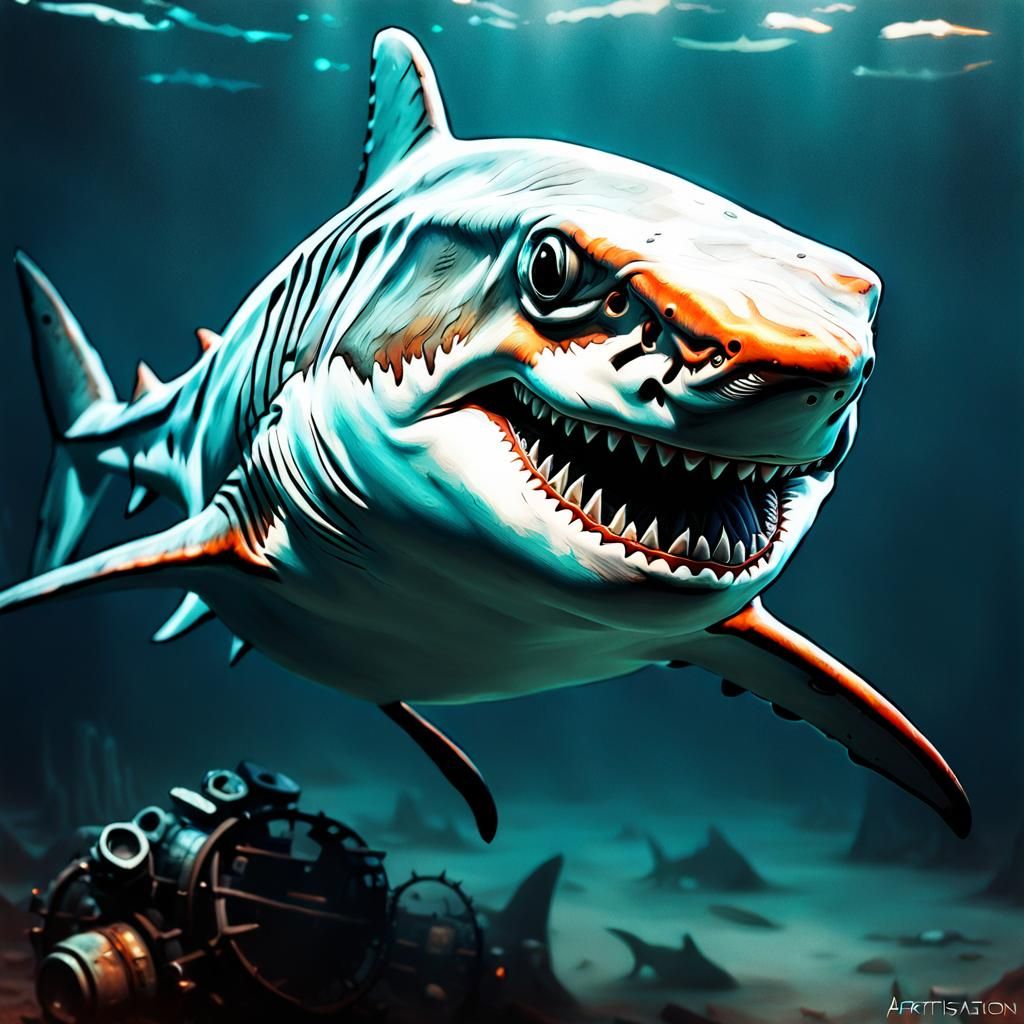 Jim Henson Shark in Steamgoth Cyberpunk Style