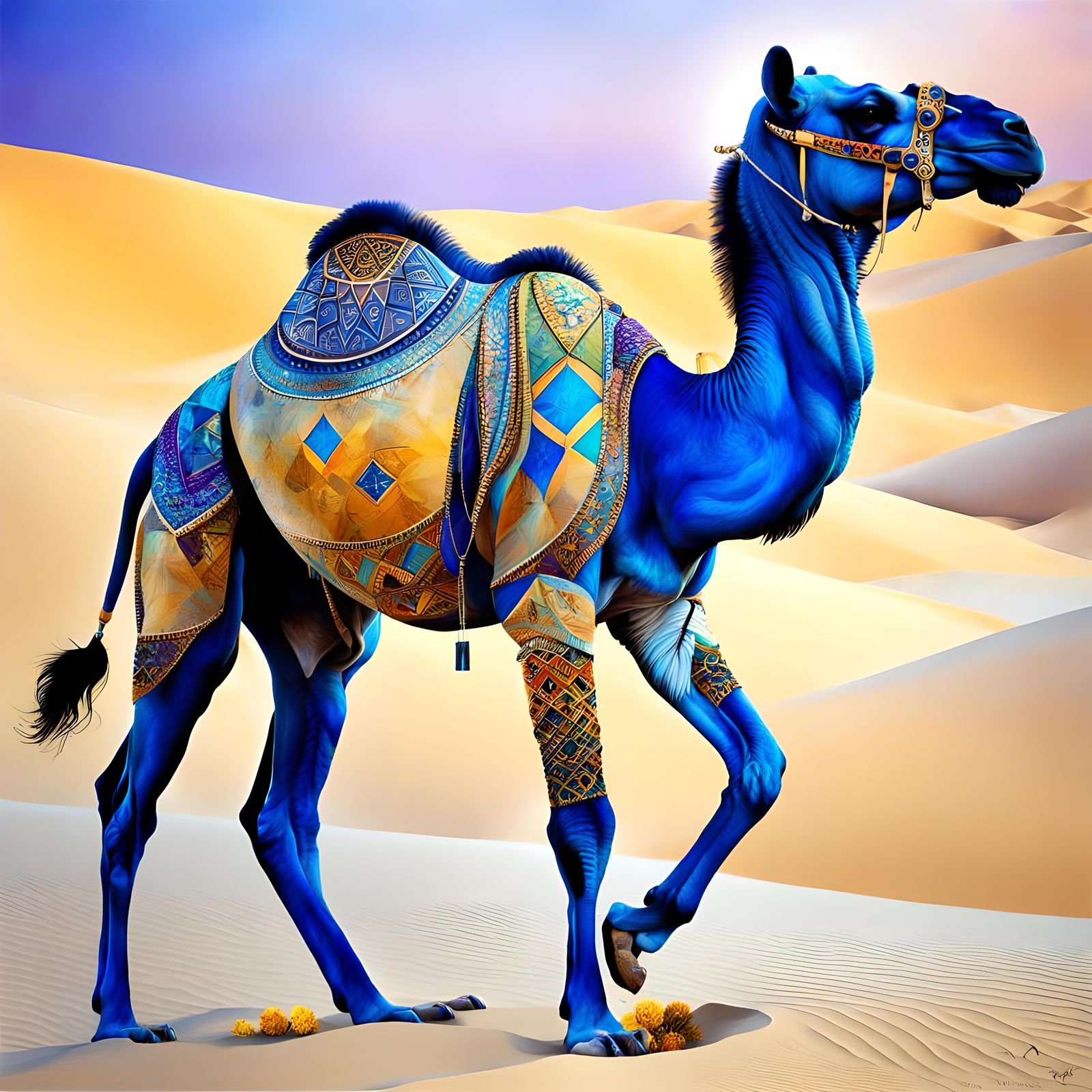 Abstract Bedouin Camel in Neon Desert Oasis