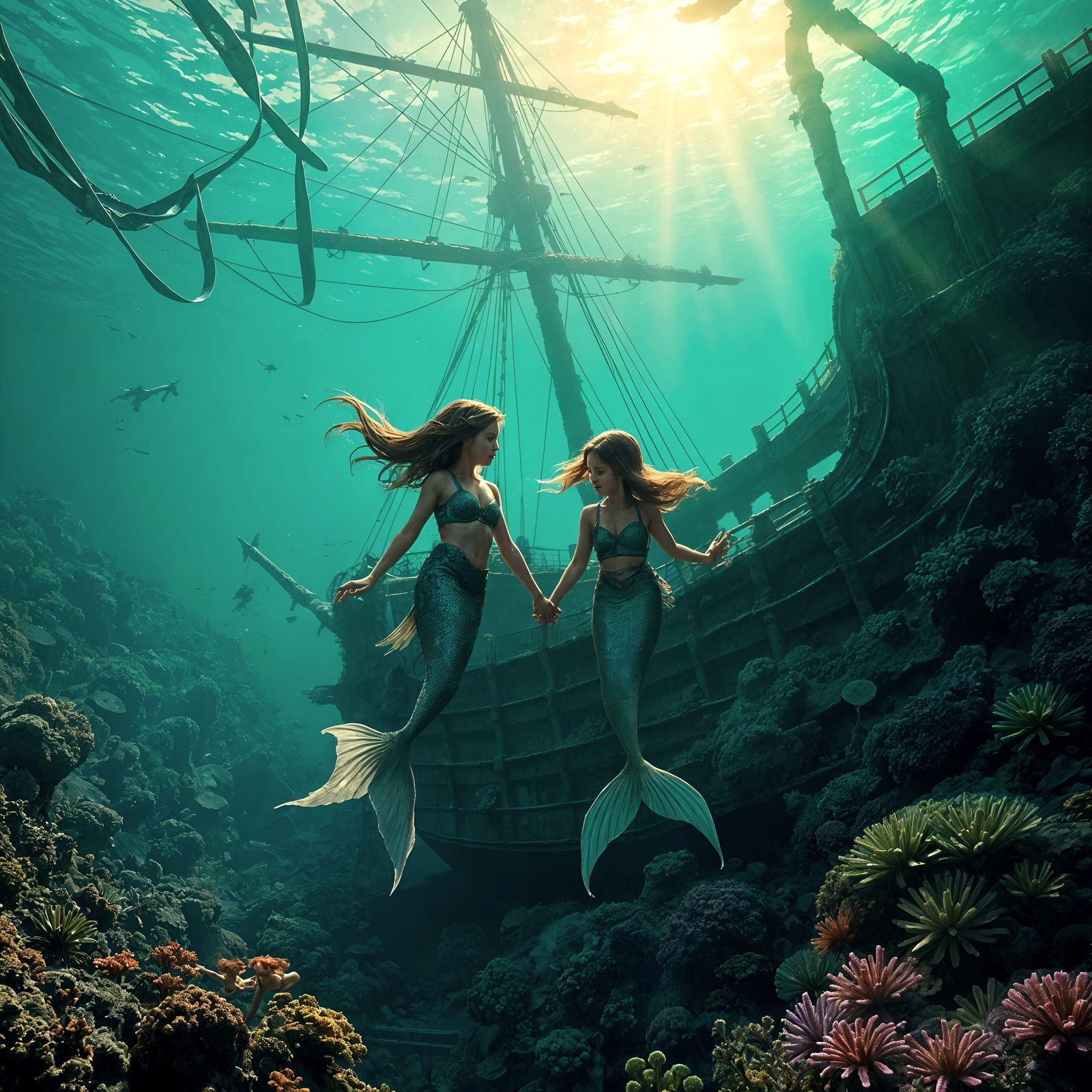 Mermaid Sisters in Vibrant Underwater World