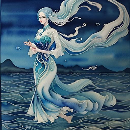Surreal Quilled Ghostly Woman Walking on Water