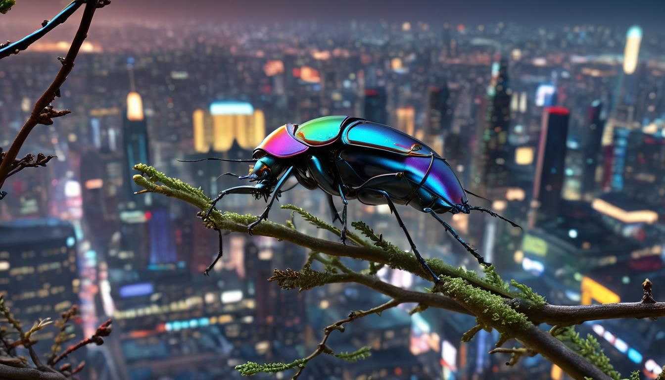 Rainbow Beetle with Futuristic Spacepunk Cityscape