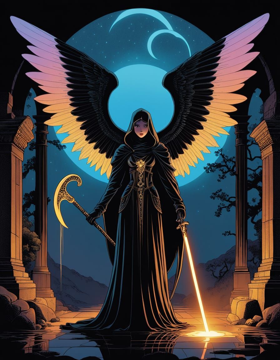 An angel of death stands in a dark realm.