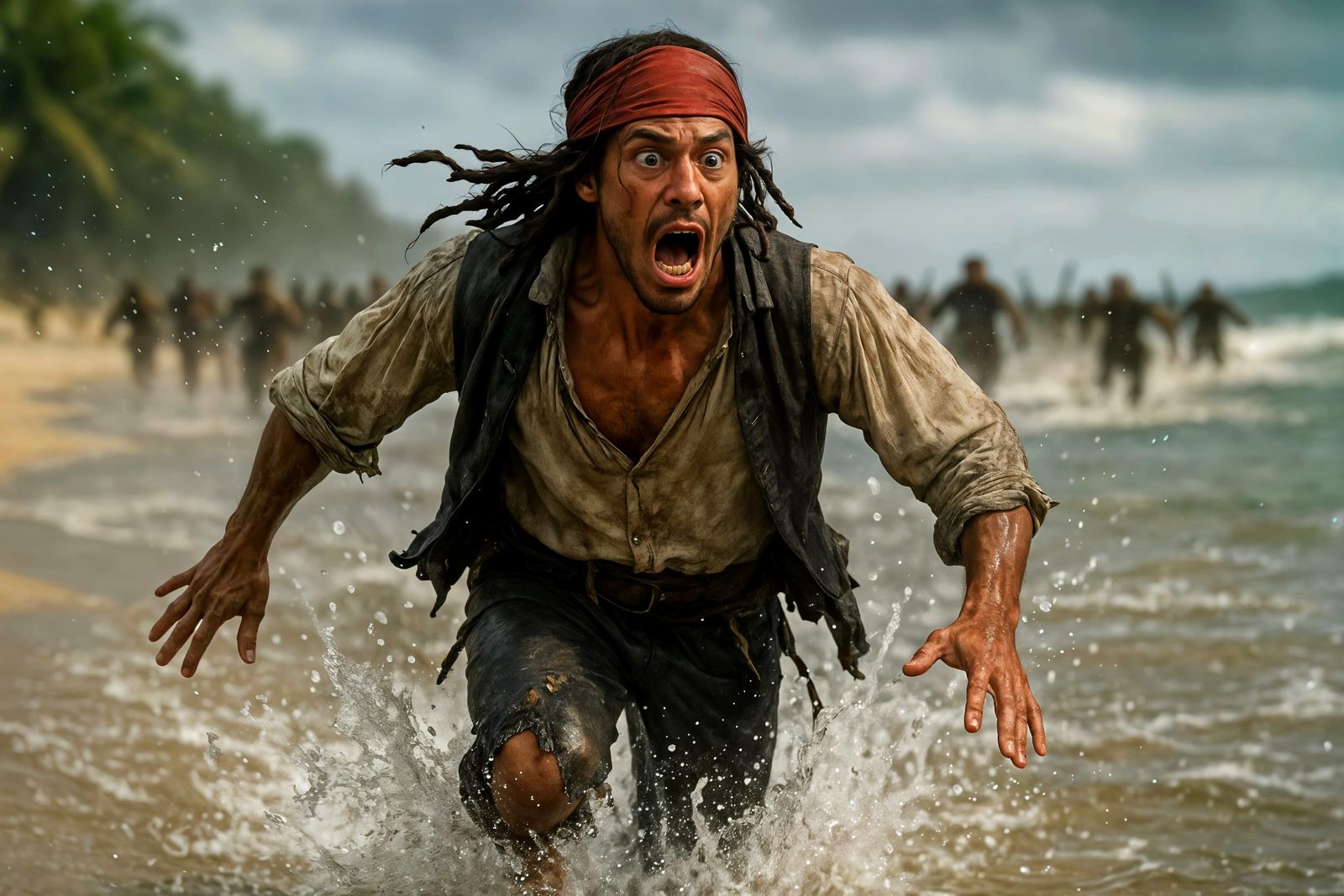 Swashbuckler's Frantic Flight from Pursuers on Tropical Beac...