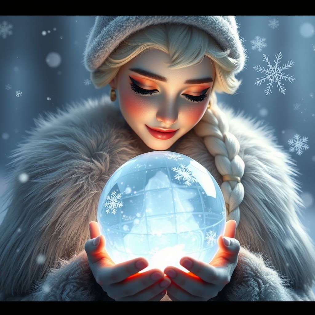 Elsa with Glowing Ice Sphere in Winter Scene