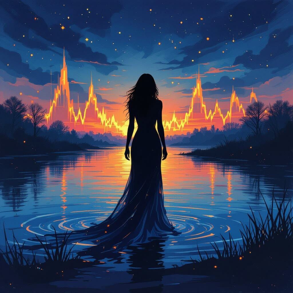 Woman's Silhouette Fades into Mist at Dawn with Sound Waves