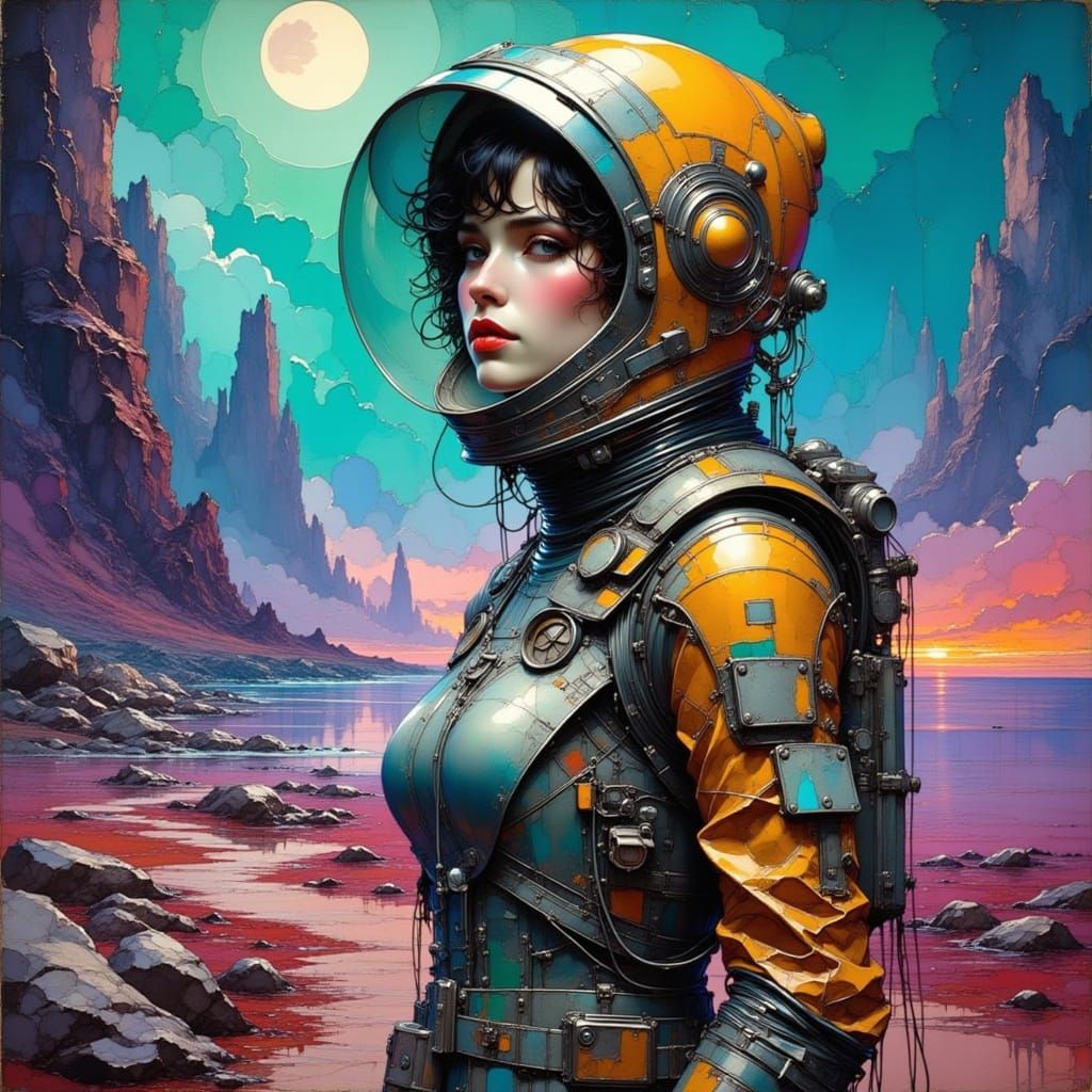 Retro-Futuristic Woman in Space Suit, Oil Painting