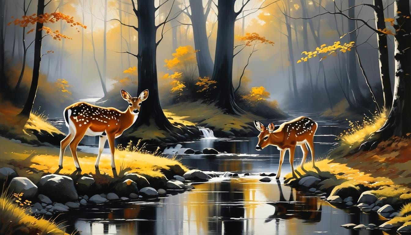 Fawn Drinks from Autumn Creek in Black and White