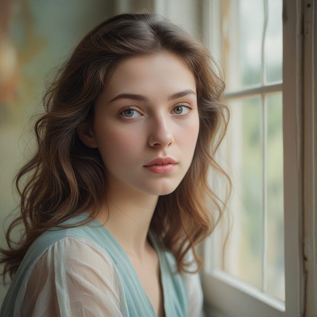 Young Woman with Gentle Eyes in Ethereal Oil Painting