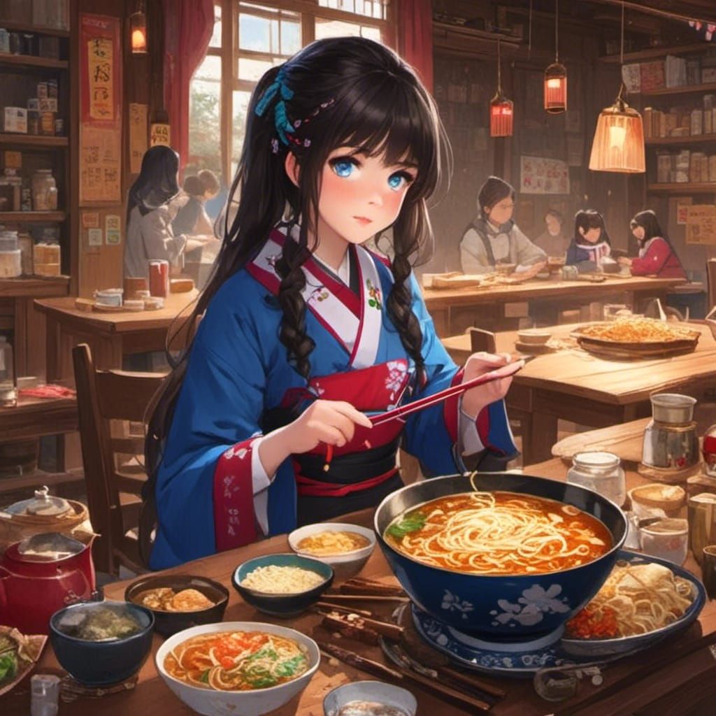 Anime Girl Eating Ramen in Kawaii Style