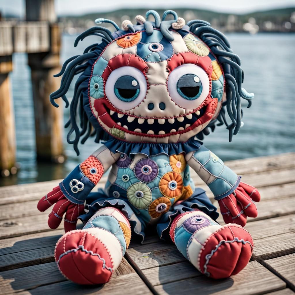 Adorable Patchwork Rag Doll Monster on Pier