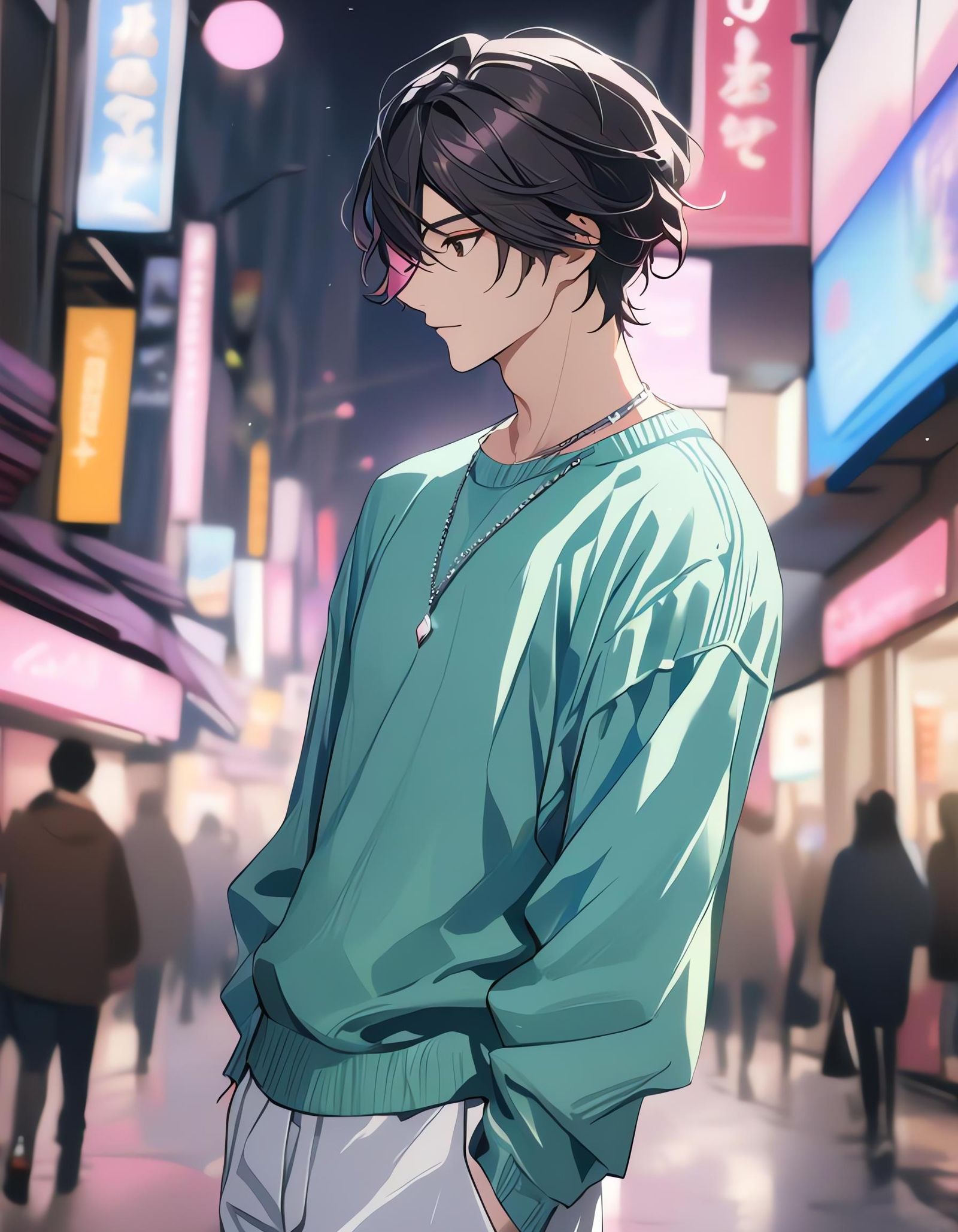 Stylish Young Man in City Street with Pink Lights