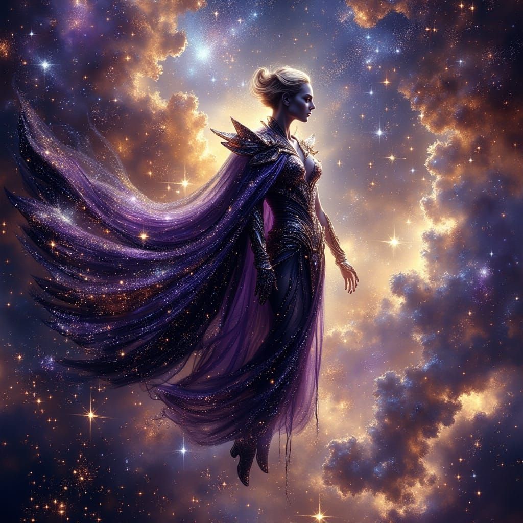 Majestic Vampire Floats Above Nebula in Cosmic Art Style