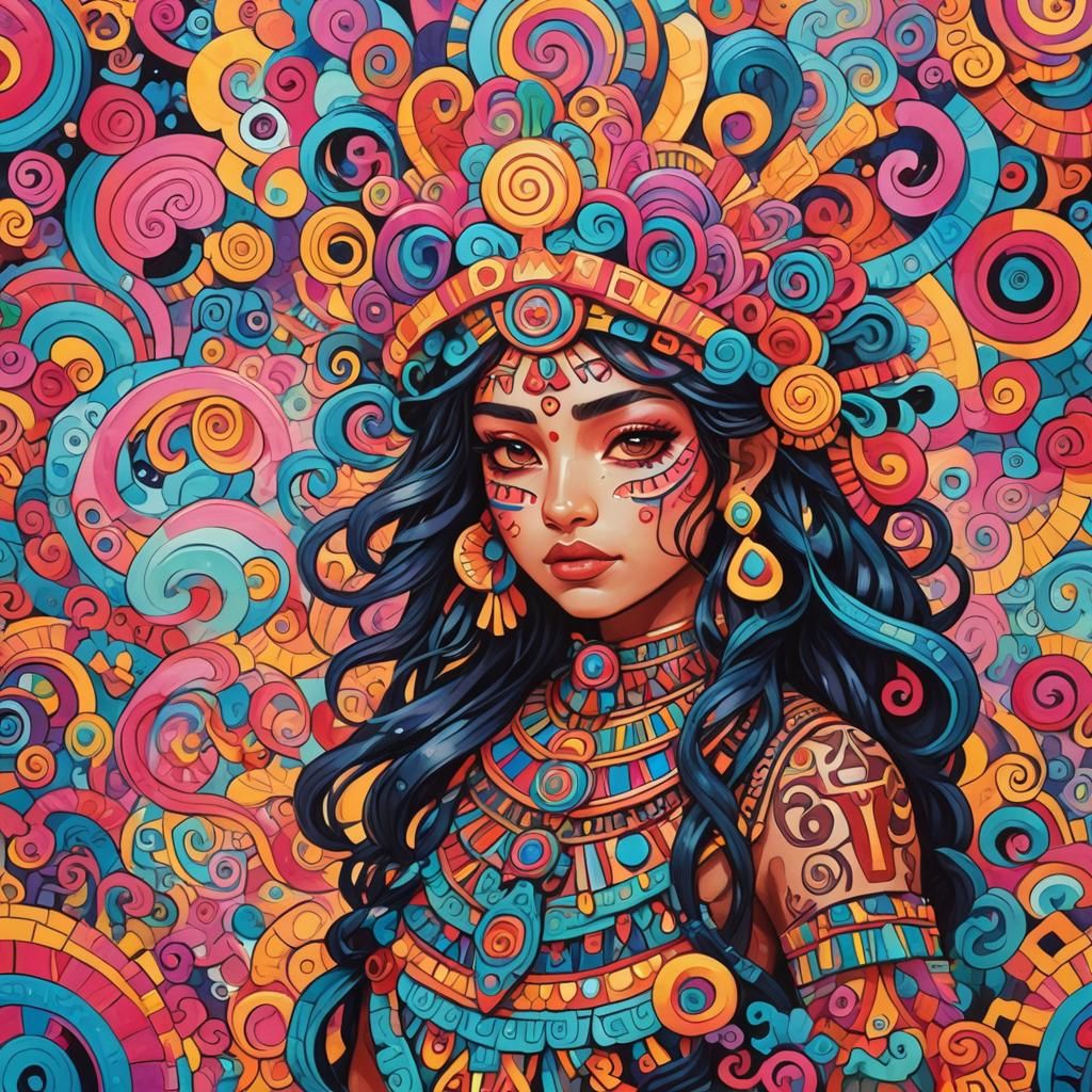 Vibrant Aztec Woman in Gouache Style