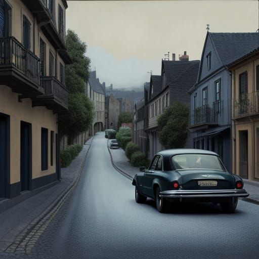 Vintage Jaguar Cruises Winding Streets in Dark Comic Art Sty...