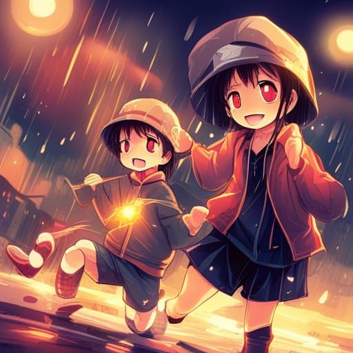 Joyful Youth Play in Rain: Anime-Inspired Art