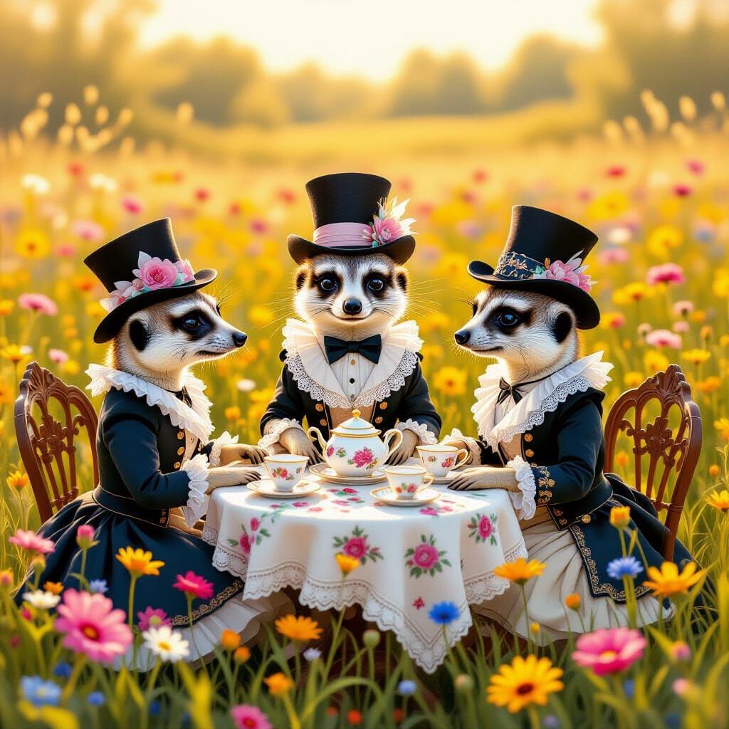 Victorian Meerkat Tea Party in Whimsical Digital Painting