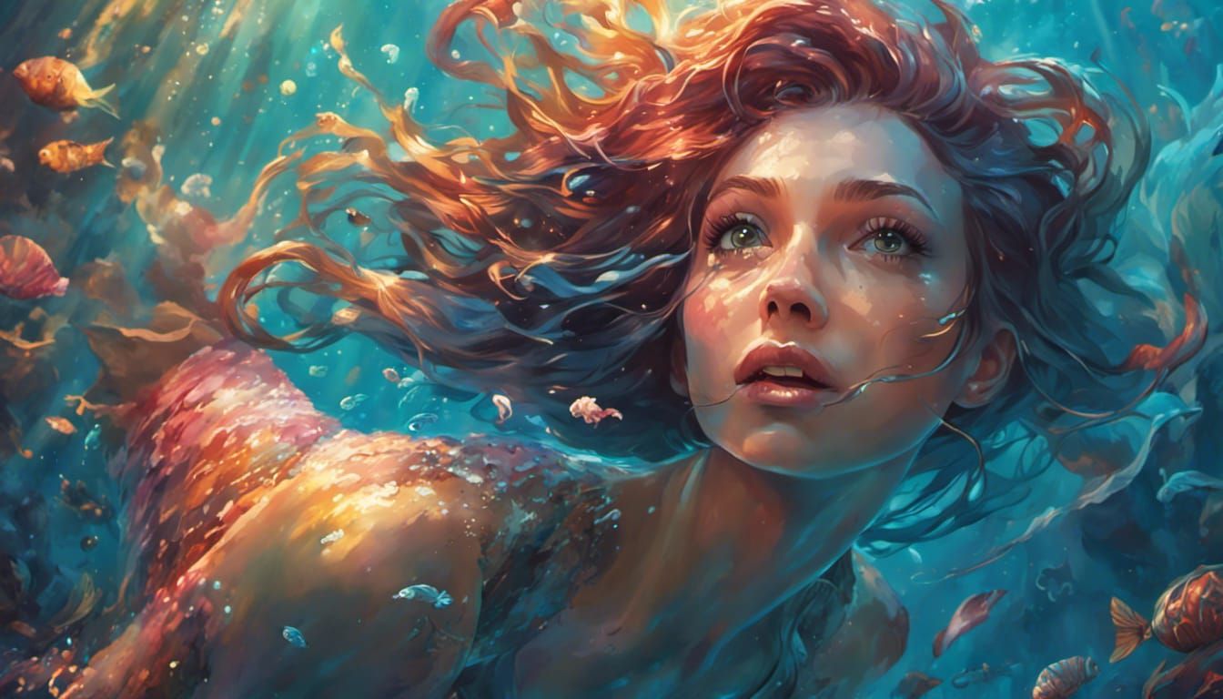Beautiful Mermaid Swimming in Cyberpunk Neo-Tokyo