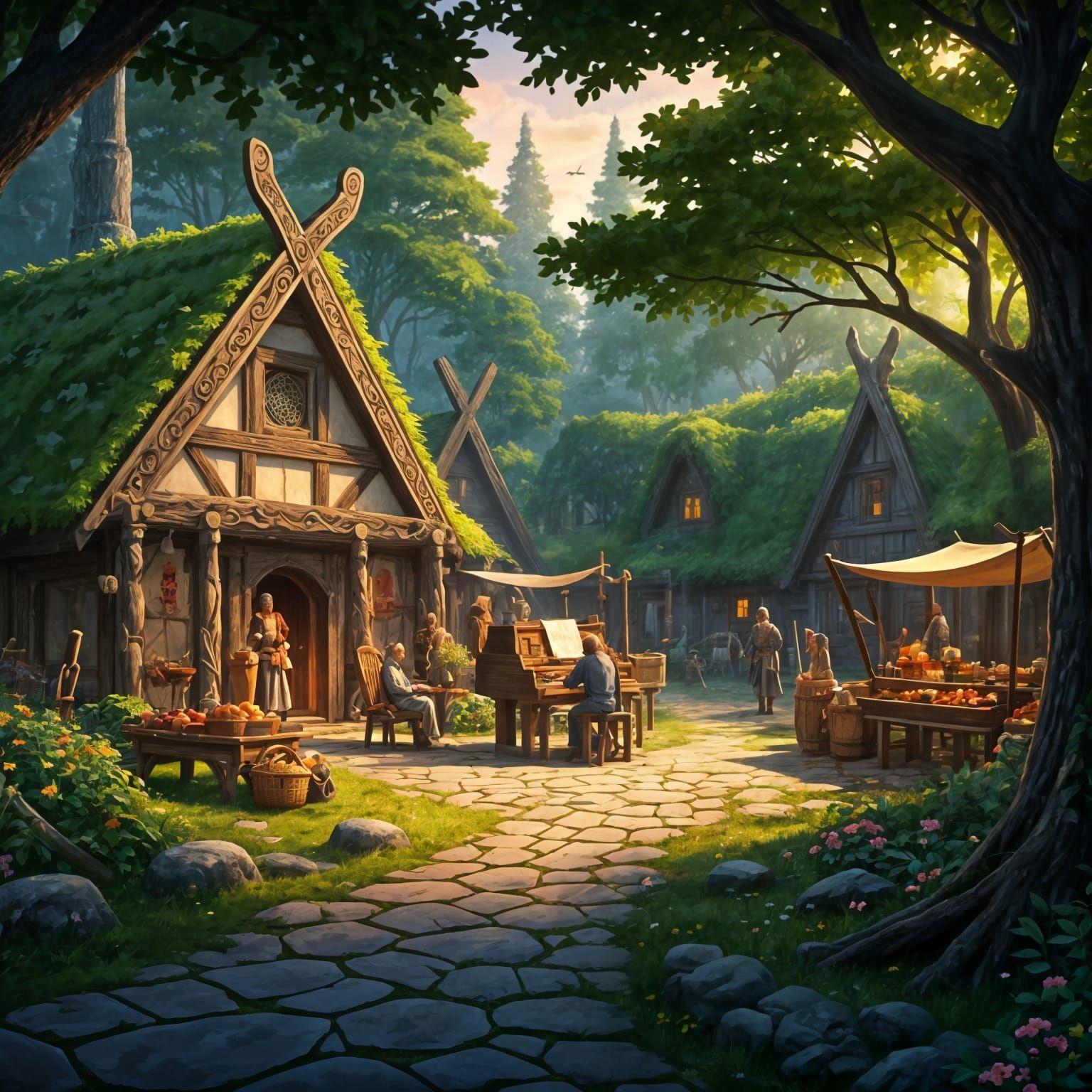 Elven Hamlet in a Secluded Forest with Medieval Homes and Ma...