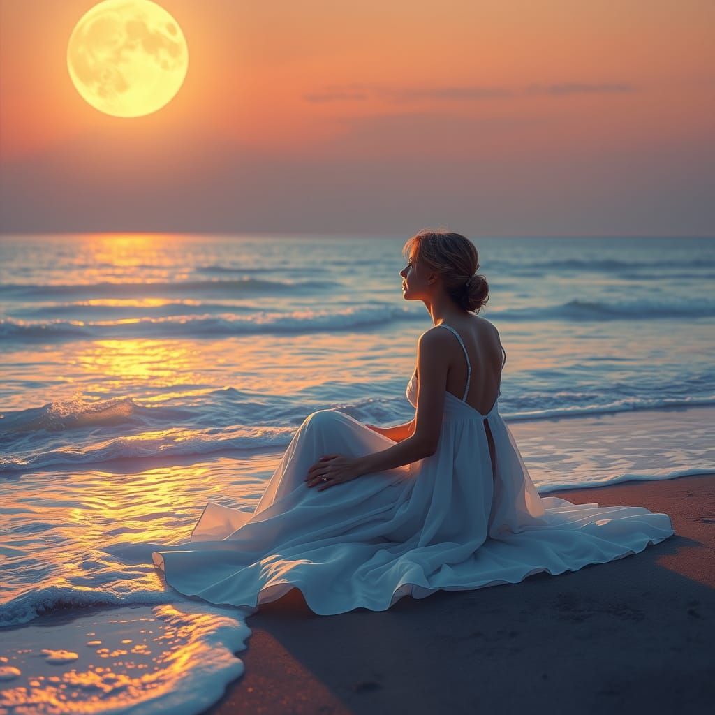 Woman on Moonlit Beach in Digital Art Style