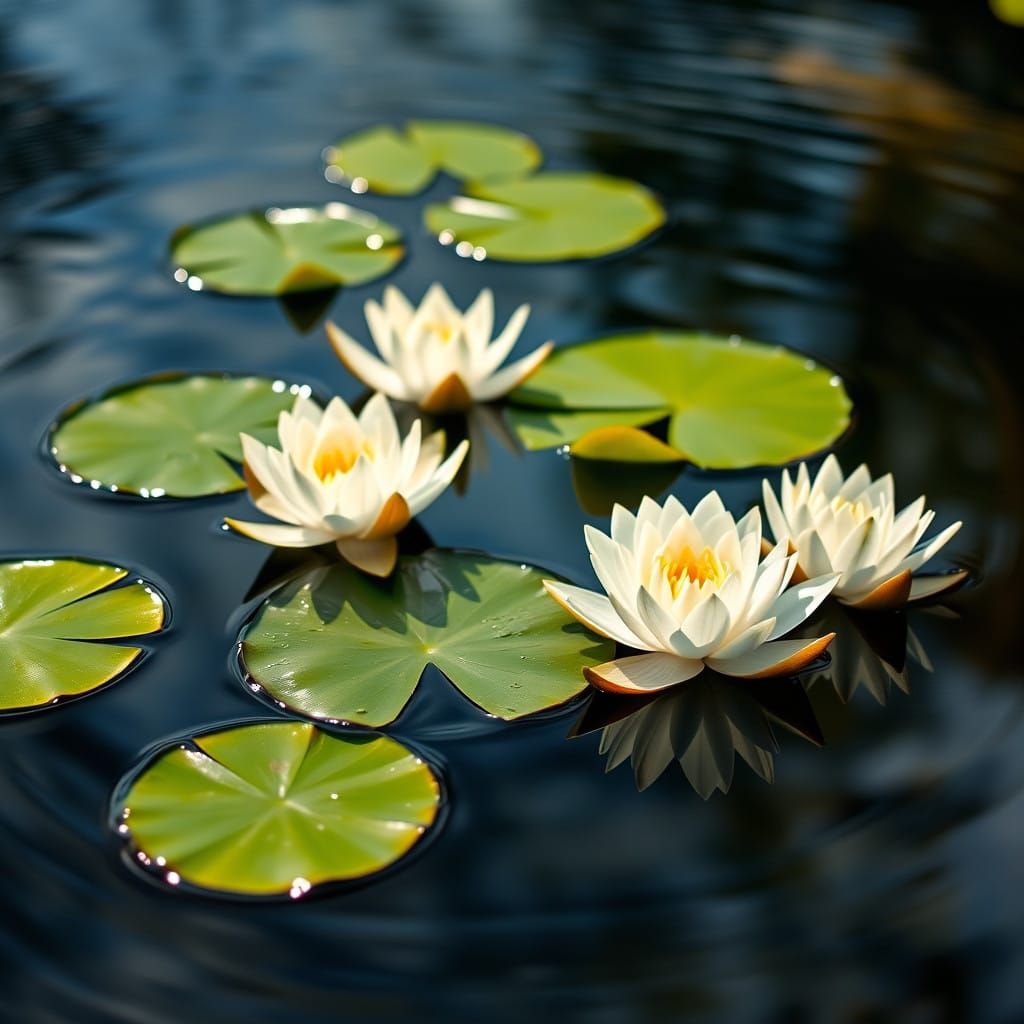 Floating Water Lilies in Serene Pond Landscape
