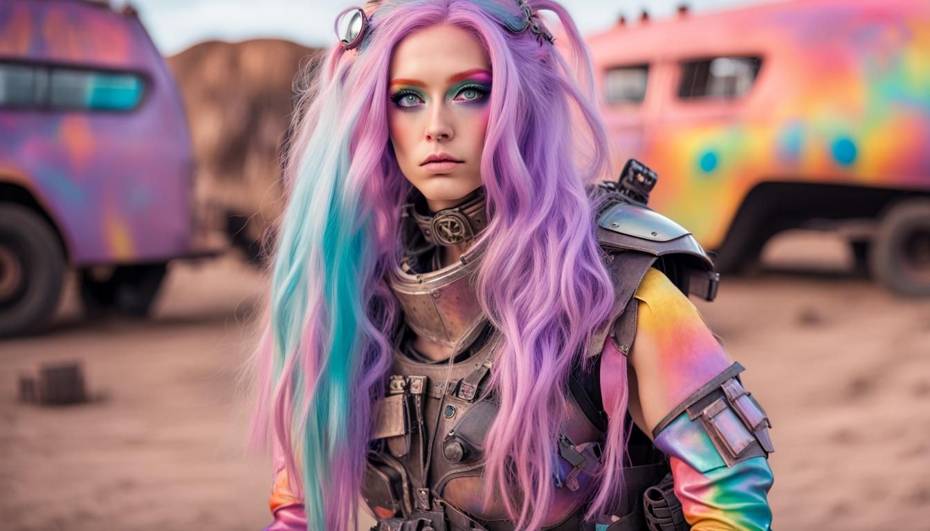 Rainbow Post-Apocalyptic Girl in Futuristic Armor