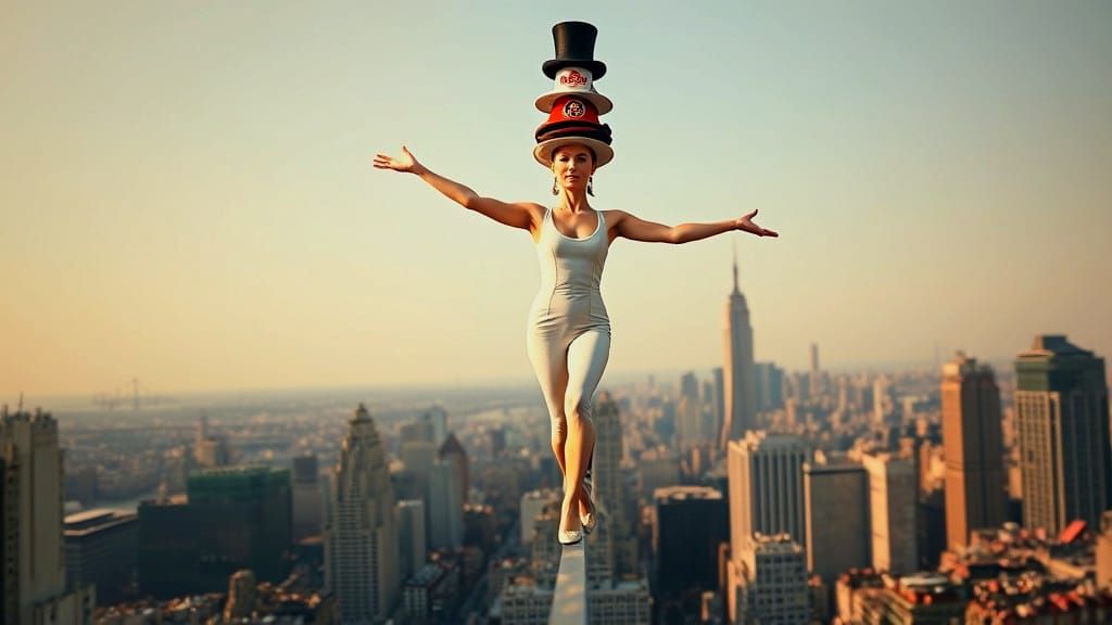 Woman Balances Hats on Tightrope Above City