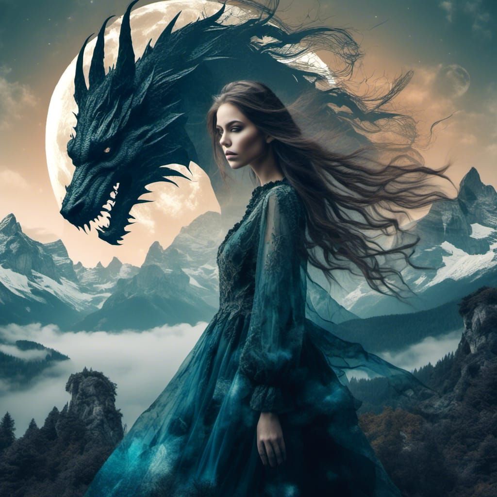 Double exposure image of a witch  , long hair  , fabulous dr...