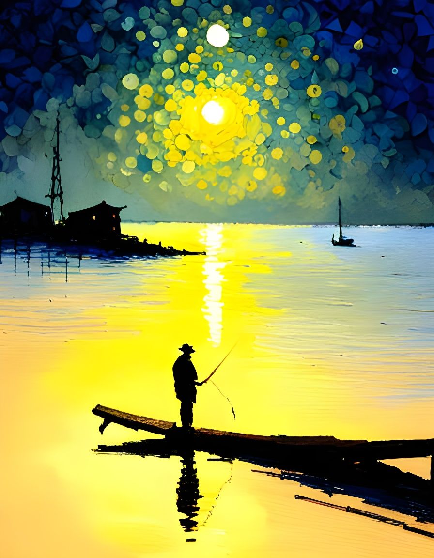 Fisherman Under Moonlight in Pointillist Style
