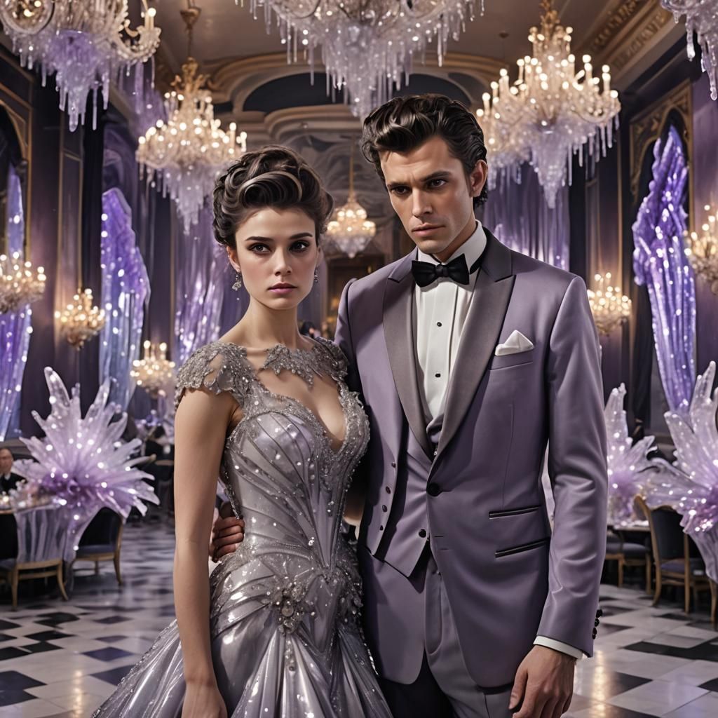 Couple in Crystalline Formal Wear in Ballroom